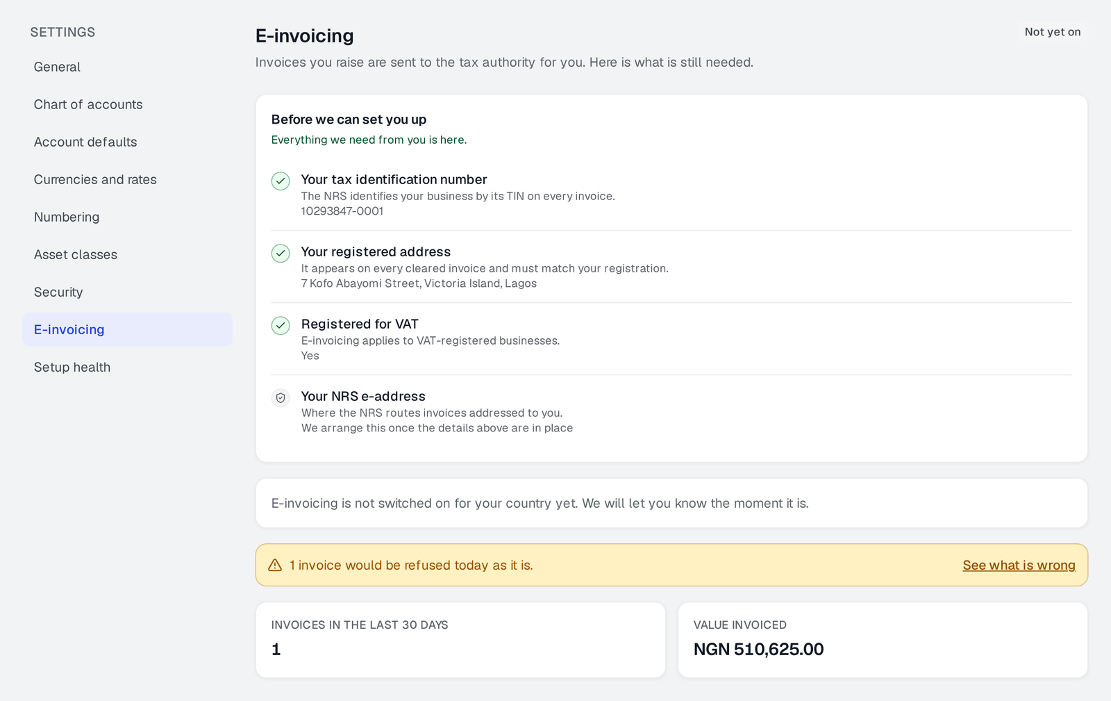 The e-invoicing settings screen, listing everything needed before invoices can be sent to the tax authority.