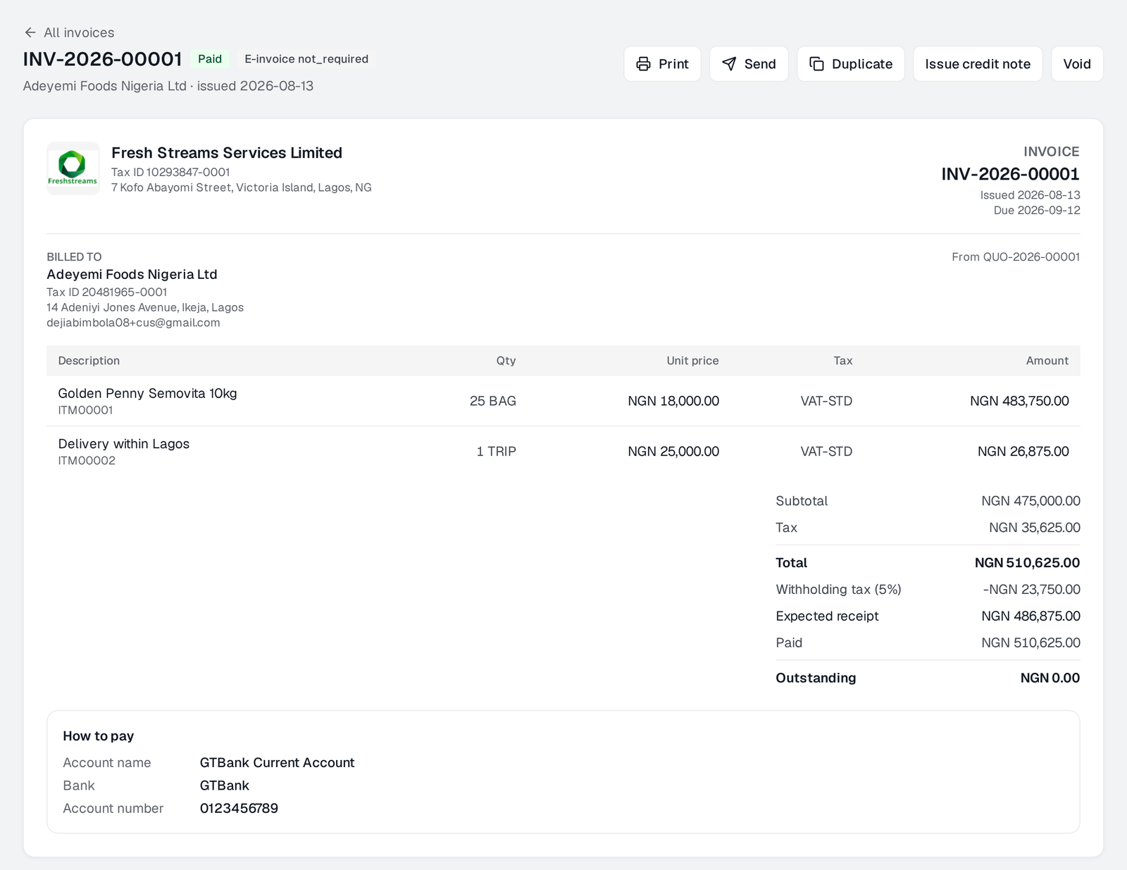 An invoice showing VAT, the withholding tax deducted by the customer, and the bank details the customer should pay into.