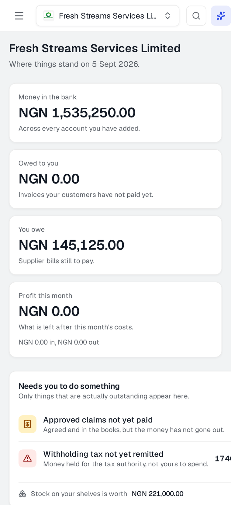 The FreshExe Android app showing the cash panel and a breakdown of where the month's money went.